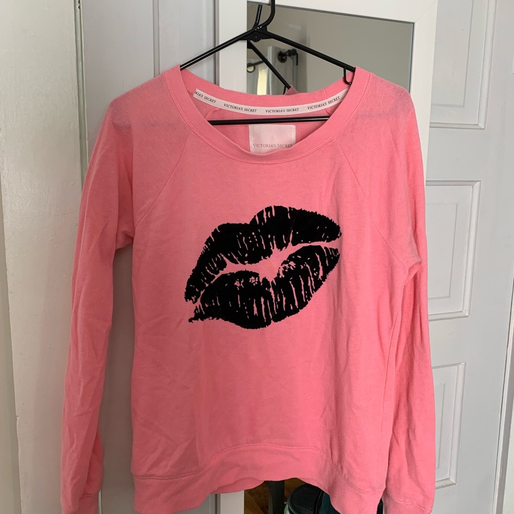 Victoria's Secret Sweatshirt Hot Pink with Black Velvet Lips circa 2010